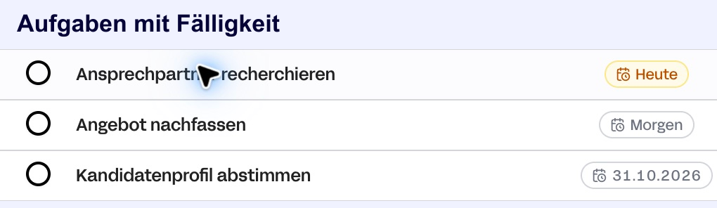 Aufgaben mit Fälligkeit: Ansprechpartner recherchieren, Angebot nachfassen und Kandidatenprofil abstimmen