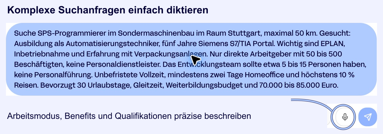 Ausführliche Suchanfrage mit Arbeitsmodus, Benefits, Unternehmenstyp, Teamgröße und Qualifikationen